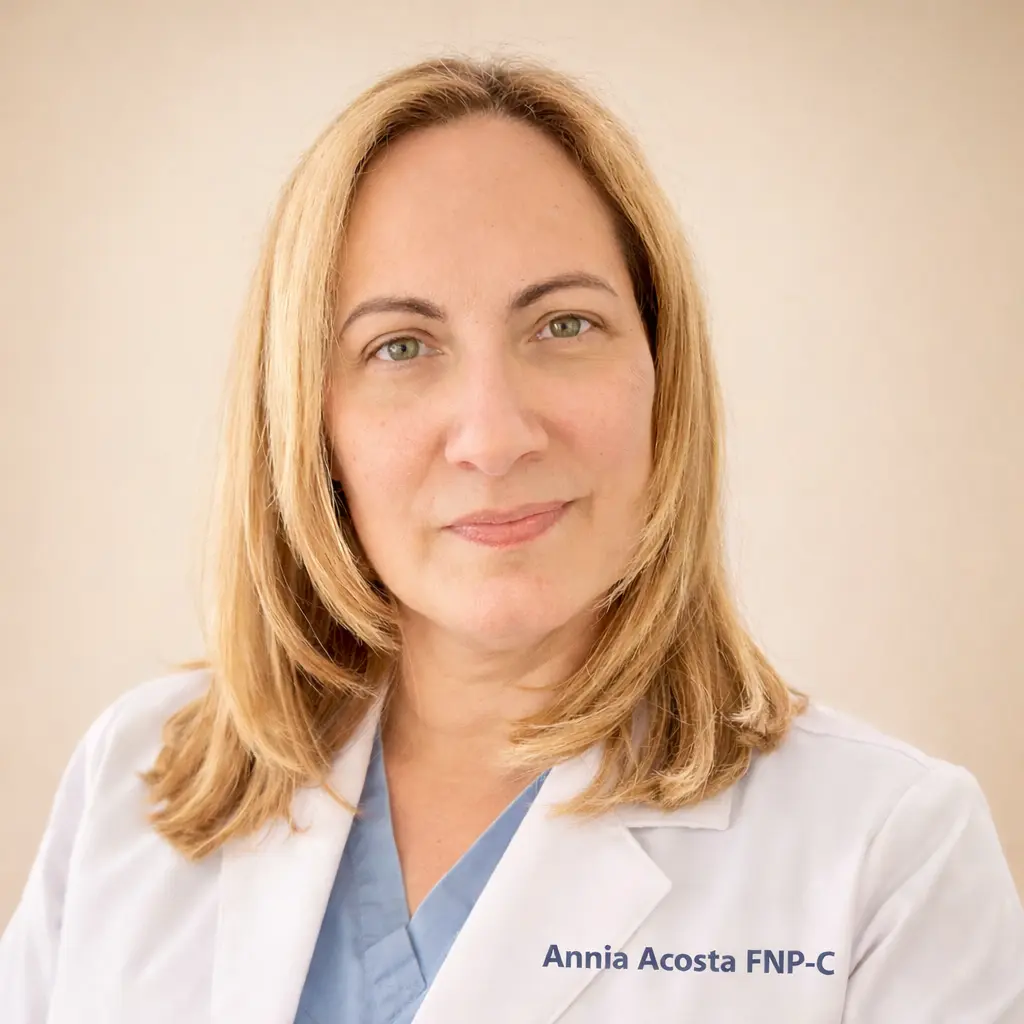 A professional portrait of a calm, confident medical aesthetic specialist in a clean, brightly lit clinical setting, wearing a pristine white lab coat over professional attire, conveying trust and expertise.